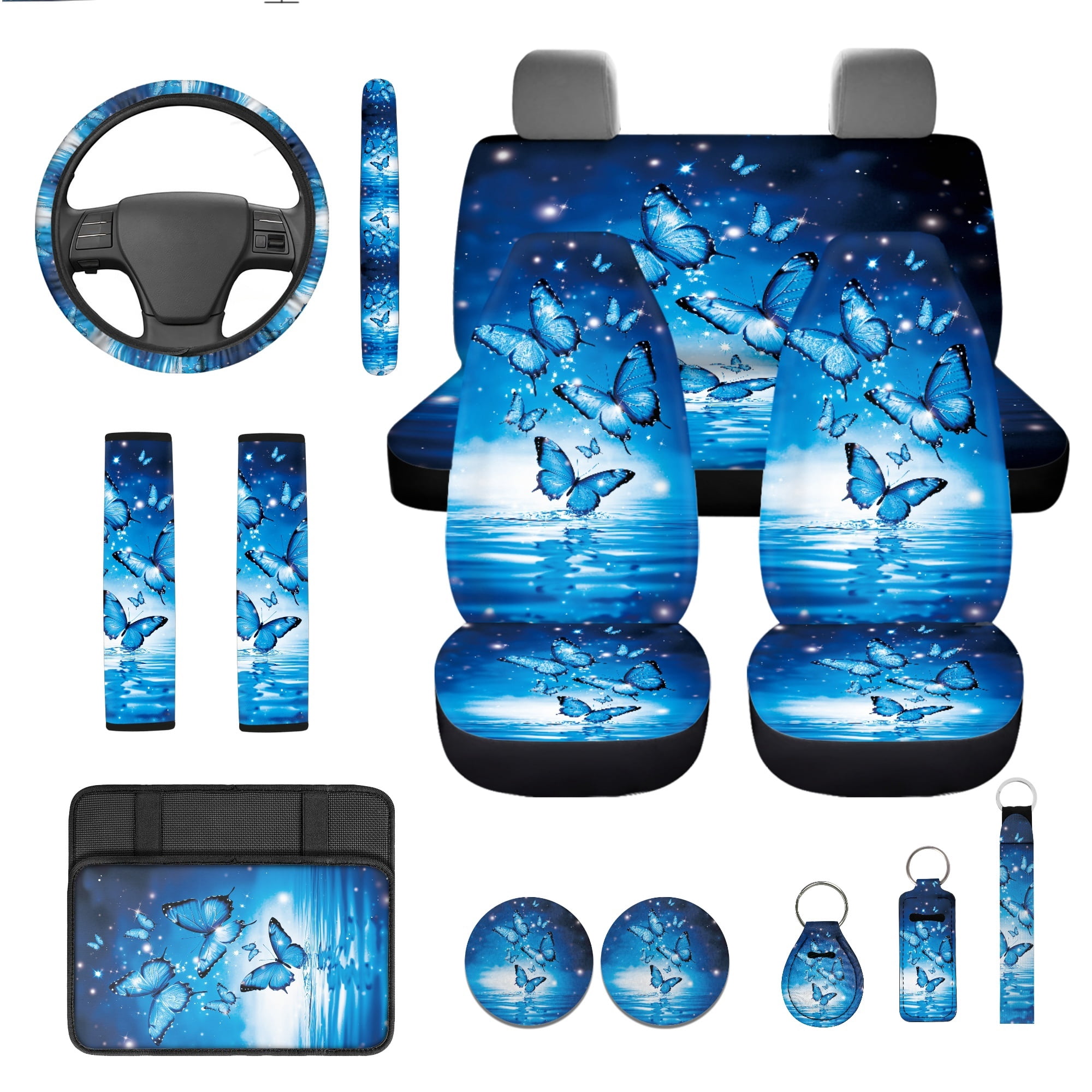 Jeiento Sparkling Butterfly Car Seat Cover Full Set with Steering Wheel Cover Seat Belt Strap Pads Armrest Pad Coasters Keychain Lipstick Holder Blue 13 PCS Automobile Accessory Interior Decor