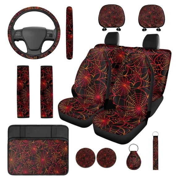 Jeiento Spider Web 14 PCS Car Seat Cover Set, with Steering Wheel Seat Belt Covers Center Console Pad Coasters Keychain Rose Headrest Cover Auto Interior Accessories Full Set Halloween Decor