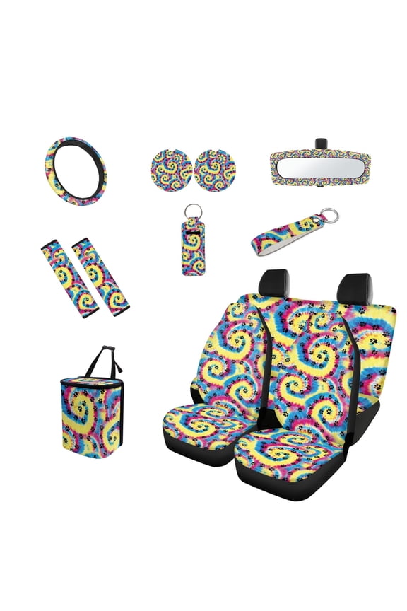 Spiral Tie Dye 13 Pcs Interior Automotive Accessory Set with Car Seat Covers Steering Wheel Cover Car Seatbelt Cover Trash Can Car Rear View Mirror Cover Coasters Keychains Fit for SUV Van