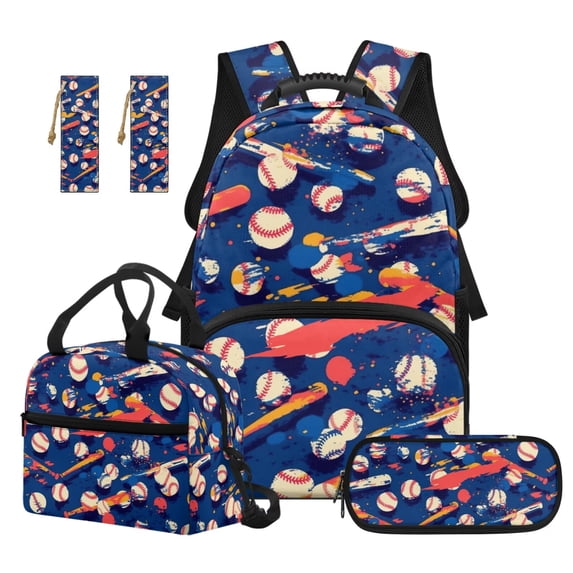 Jeiento Splatter Baseball Backpack and Lunch Box Set for Kids Boys 4 Piece Elementary School 17 Inch Backpack with Lunch Bag, Pencil Case, Bookmark for School Supplies