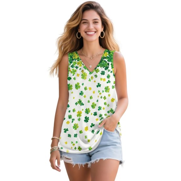 Jeiento St Patrick's Day Shirt Womens Green Leaf T-shirt Womens Tank Tops Summer Casual V Neck Sleeveless T-shirt Loose Fit Flowy Tshirt Basic Blouse Celebrate Party Costume,M