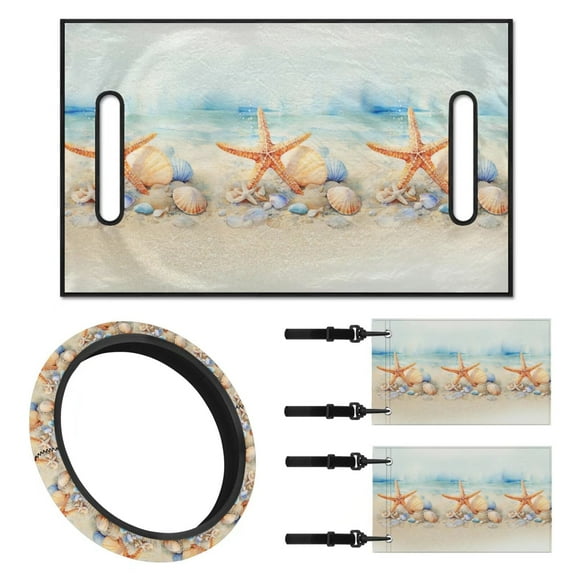 Jeiento Starfish Golf Cart Accessories 4 Set Golf Cart Seat Cover Golf Cart Steering Wheel Cover Golf Cart Flags 2 Seat Golf Cart Cushion Cover Steering Wheel Cover Decor Golf Cart Banner