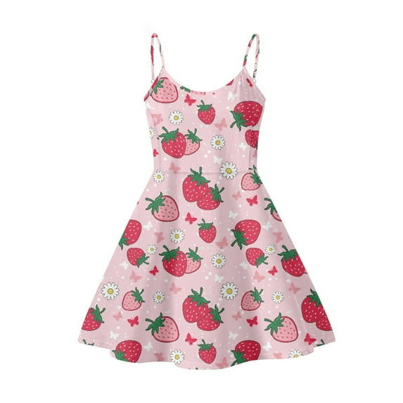 Jeiento Strawberry Dresses for Women Girls Comfortable Flared Summer Party Fashion Midi Dress with Spaghetti Strap Great Gift for Birthday Size 4XL