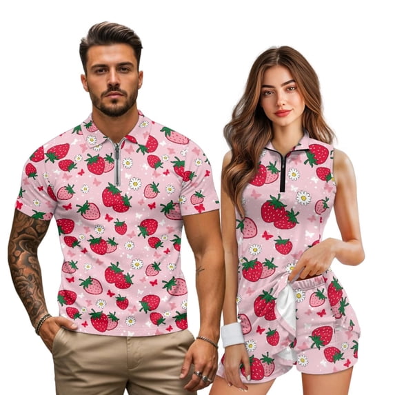 Jeiento Strawberry Matching Couple Golf Outfit Men Quick Dry Short Sleeve Shirt Women Sleeveless Tennis Dress with Built-In Pockets Shorts for Summer Sports Outdoor Wear