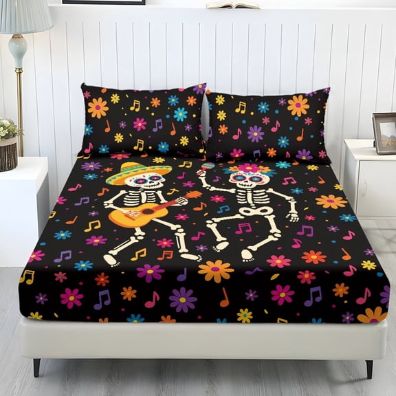 Jeiento Sugar Skull Floral Bedding Set, 3-Piece Fitted Sheet & Pillow Shams, Day of The Dead Skeleton Musical Note, Soft Breathable Bed Set for Bedroom Guest Room Decor, Queen Size