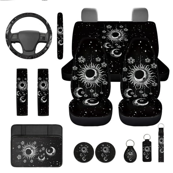 Jeiento Sun and Moon Car Seat Cover Full Set of 13 Steering Wheel Cover Seat Belt Cover Coaster Center Console Cover Key Chain Auto Interior Sets Fit for Most Vehicles
