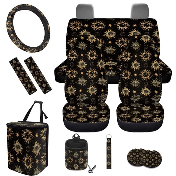 Jeiento Sun Moon Star Car Seat Cover Full Set 12 Pieces, with Steering Wheel Cover Seatbelt Shoulder Pad Coasters Garbage Bins Keychain Air Vent Storage Pouch Universal Fit for Most Cars SUV Sedan
