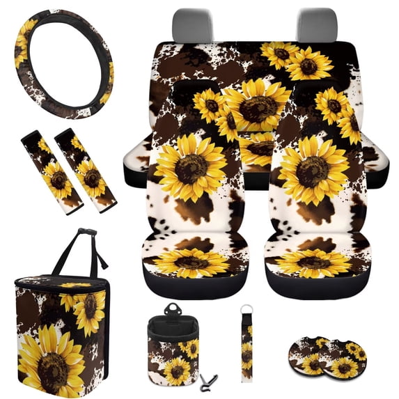 Jeiento Sunflower 12 PCS Car Seat Cover Full Set, with Steering Wheel Cover Seat Belt Strap Cover Trash Cans Brown Cow Print Cup Coaster Keychain Air Vent Storage Bag Universal Fit for Sedan Van