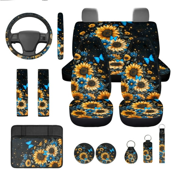 Jeiento Sunflower 13 PCS Car Seat Cover Set Butterfly Steering Wheel Cover Seat Belt Strap Pads Cup Coasters Armrest Cover Pad Key Ring for SUV Truck Van Sedan