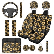 Jeiento Sunflower 14 Piece Car Seat Cover Set Steering Wheel Cover Seatbelt Strap Pad Armrest Pad Cup Coasters Headrest Covers Easy Install Auto Accessory