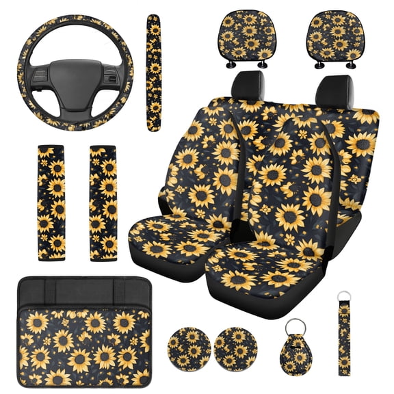Jeiento Sunflower 14 Piece Car Seat Cover Set Steering Wheel Cover Seatbelt Strap Pad Armrest Pad Cup Coasters Headrest Covers Easy Install Auto Accessory