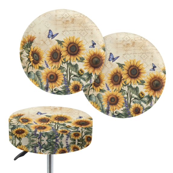 Jeiento Sunflower 2 PCS Stool Covers Round High Elastic Circle Bar Stool Covers Butterfly Non-Slip Round Stool Seat Cushion Cover Vintage Washable Stool Cushion Slipcover Size L