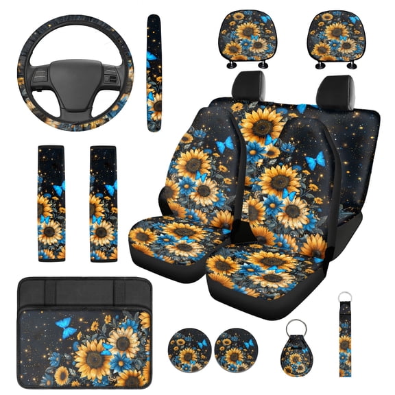 Jeiento Sunflower Auto Accessories Set Car Seat Covers Steering Wheel Cover Seatbelt Pads Car Armrest Cover Headrest Cover Butterfly Coasters 14 Pieces Automobile Accessory