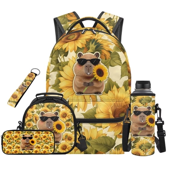Jeiento Sunflower Backpack Set for 9-12 Years Old 5 Pcs Capybara 17 Inch Lightweight Bookbag with Insulated Lunch Bag Pencil Case for Elementary School Gift for Son