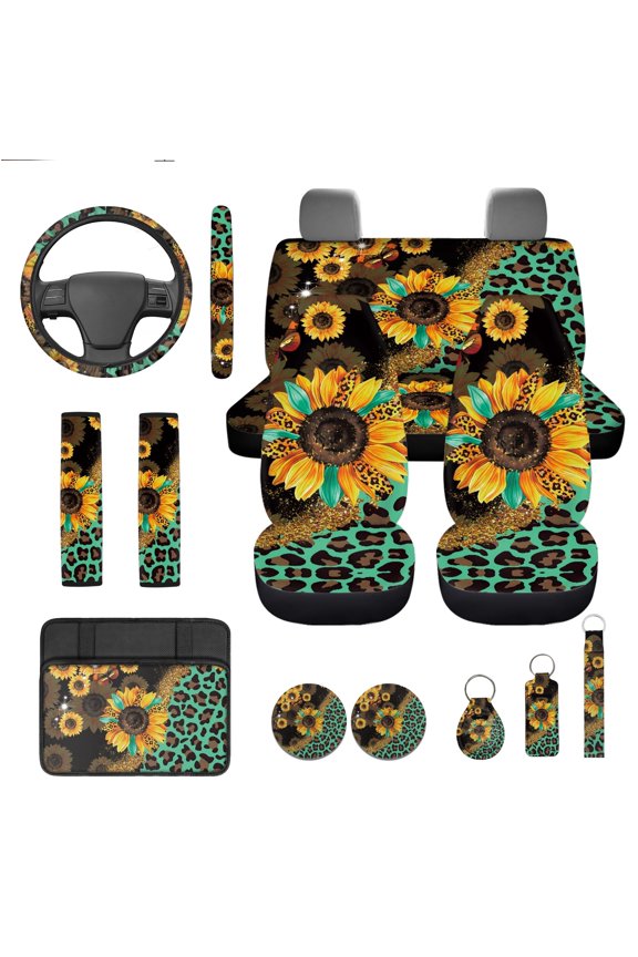 Sunflower Car Seat Cover Full Set 13 PCS, with Steering Wheel Cover Seatbelt Pad Armrest Cushion Leopard Print Coasters Keychain Lipstick Holder Universal Fit for Most Cars SUV Sedans