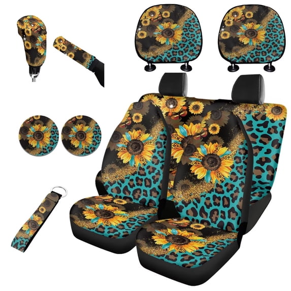 Jeiento Sunflower Car Seat Cover Set Auto Interior Seat Accessories Headrest Covers, Keychain, Gear Shift Cover Handbrake Cover, Leopard Print Cup Coaster, 11 Pieces Automobile Seat Cover Sets