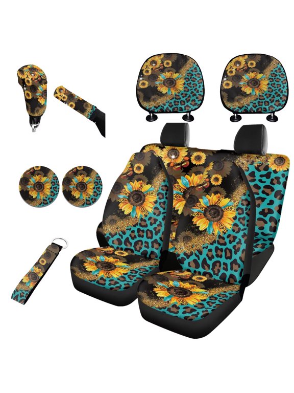 Sunflower Car Seat Cover Set Auto Interior Seat Accessories Headrest Covers, Keychain, Gear Shift Cover Handbrake Cover, Leopard Print Cup Coaster, 11 Pieces Automobile Seat Cover Sets