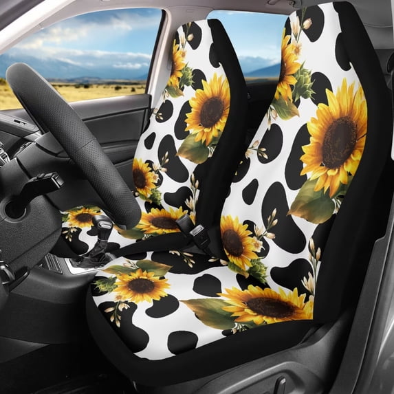 Jeiento Sunflower Car Seat Covers 2 Pcs Waterproof Car Seat Cover Cow Print Easy Installation Stretch Polyester Fabric Cover Universal Size Fit for Most Cars SUVs Trucks Sedans Van