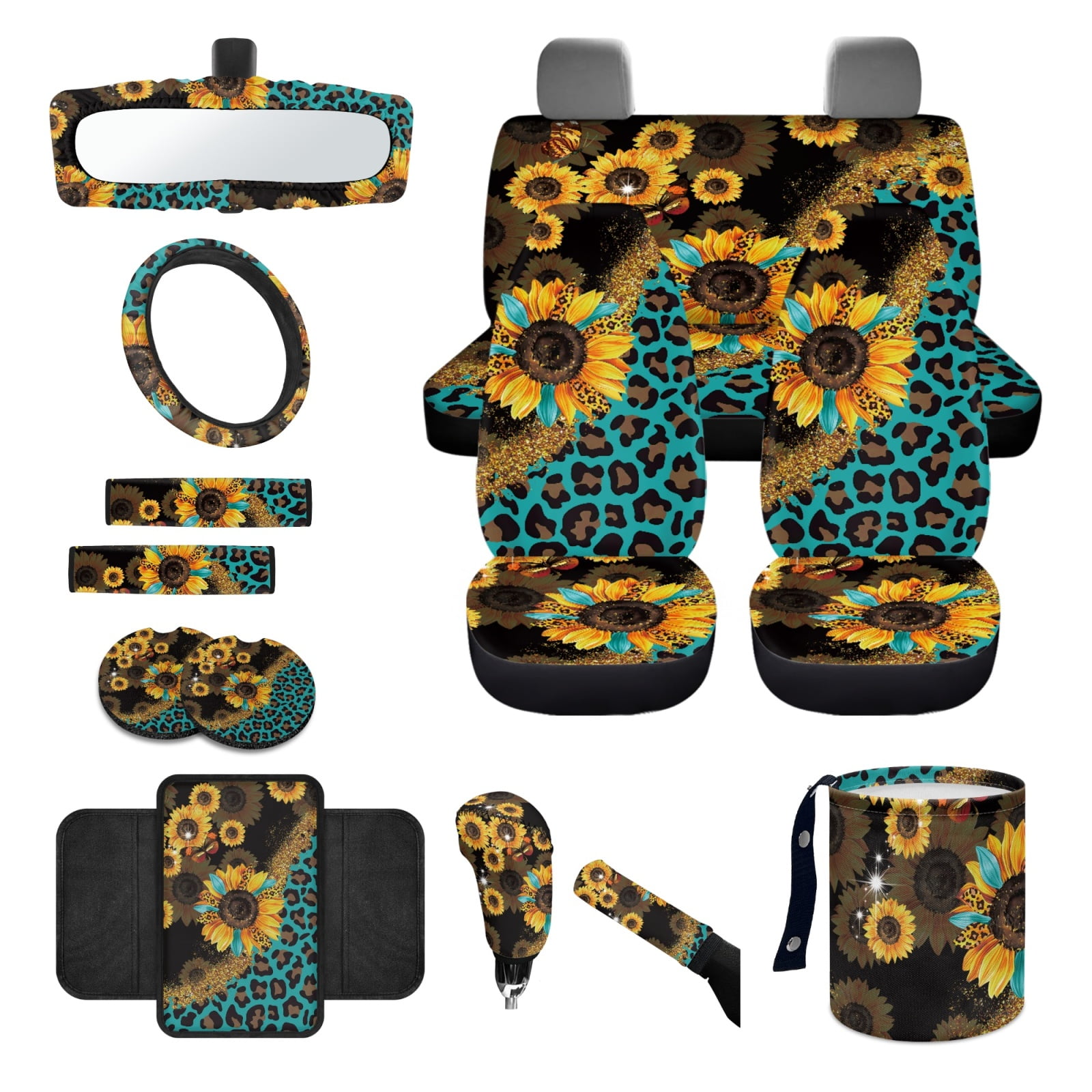 Jeiento Sunflower Car Seat Covers Front Rear Full Set Steering Wheel Cover Seat Belt Pads Coasters Waste Bin Leopard Print Armrest Cover Cup Holders Rearview Mirror Cover Handbrake Cover Set, 14 PCS