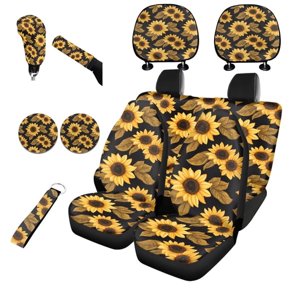 Jeiento Sunflower Car Seat Covers Full Set 11 PCS, Front Back Car Seat Covers Keychain Headrest Cover Coasters Handbrake Cover Gear Shift Knob Cover Auto Accessories for Women Men