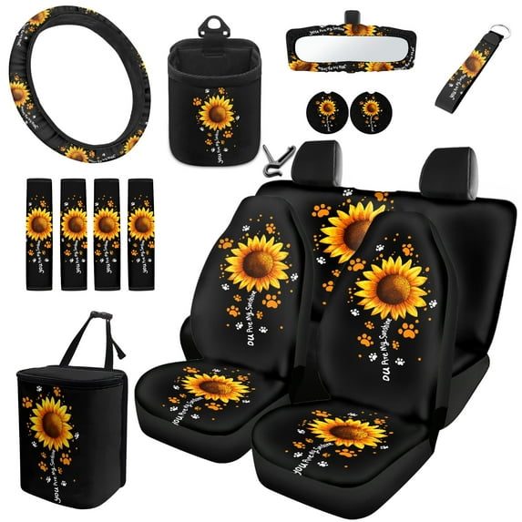 Jeiento Sunflower Car Seat Covers Full Set for Women Men, Paw Print Steering Wheel Cover, Seatbelt Covers, Automotive Car Garbage Cans, Rear View Mirror Cover, Cup Holder and Keychain