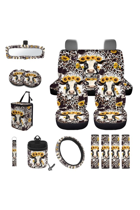 Sunflower Cow 15 PCS Car Seat Cover Set with Steering Wheel Cover Seat Belt Pad Cover Trash Bin Rear View Mirror Cover Cup Holders Keychain Air Vent Storage Holder Leopard Print Car Decor