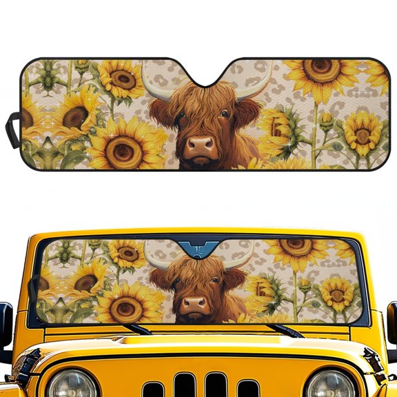 Jeiento Sunflower Highland Cow Windshield Sunshade Sun Shade Heat Shield Sun Visor Mat Compatible with Jeep Wrangler Rubicon Sahara TJ JK JKU 2 Door & 4 Door Easy to Install