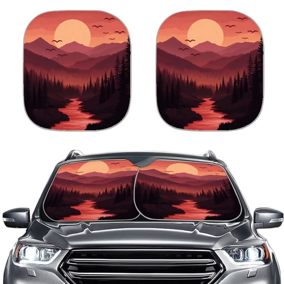 Jeiento Sunset Mountain 2 PCS Car Windshield Sun Shade Foldable Automotive Interior Accessories for Sun Protection Auto Sun Heat and UV Rays Blocker Fit Car Front Window for Trucks SUV Van