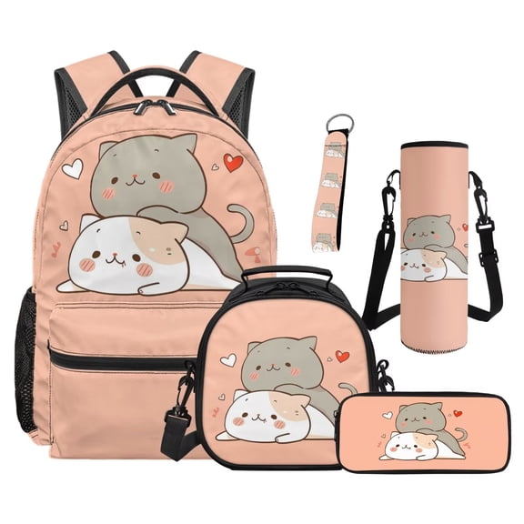 Jeiento Sweet Backpack Set for 9-12 Years Old 5 Pcs Cute Cat 17 Inch Lightweight Bookbag with Insulated Lunch Bag Pencil Case for Elementary School Gift for Daughter