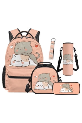 Sweet Backpack Set for 9-12 Years Old 5 Pcs Cute Cat 17 Inch Lightweight Bookbag with Insulated Lunch Bag Pencil Case for Elementary School Gift for Daughter