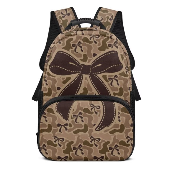 Jeiento Tan Camo Brown Bow Schoolbag for High School 17 Inch Two Side Elastic Pockets Front Quick Access Zipper Backpack Book Bag for Teens