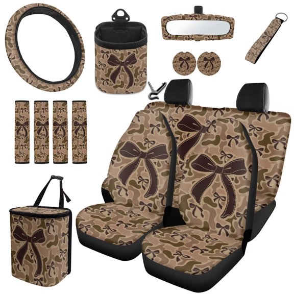 Jeiento Tan Duck Camo Bow Camo Car Seat Protector 15 Pack Complete Kit, Neutral Camo Bow Print Steering Cover Rearview Mirror Cover for Off-Road Van