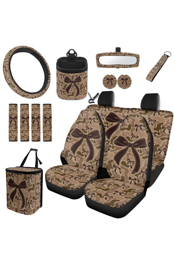Tan Duck Camo Bow Camo Car Seat Protector 15 Pack Complete Kit, Neutral Camo Bow Print Steering Cover Rearview Mirror Cover for Off-Road Van