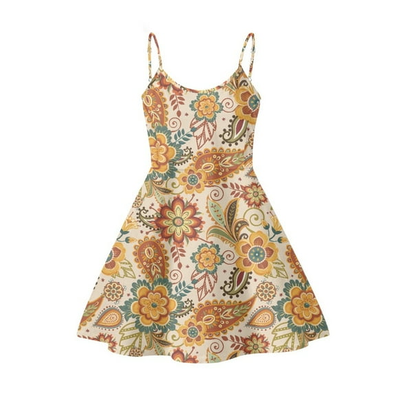 Jeiento Thanksgiving Day Women's Dresses Casual Sundress Beach Cover Up Boho Flower Tank Dress V Neck Flared Dress Summer Mini Dress, Size L