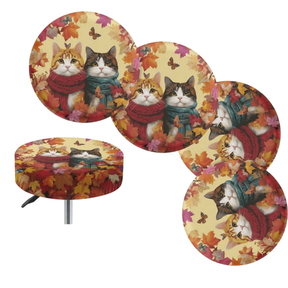 Jeiento Thanksgiving Round Stool Cover Set of 4 Pack Cute Cats Stretchy Round Chair Seat Covers with Elastic Band Stain Resistant Bar Stool Seat Cover, Size L