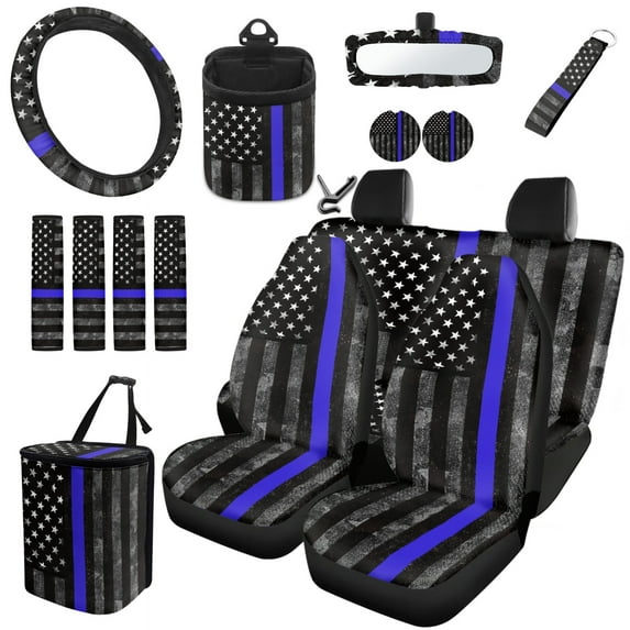 Jeiento Thin Blue Line US Flag 15 PCS Car Seat Cover Full Set with Trash Bag Seat Belt Pad Cover Steering Wheel Cover Air Vent Storage Bag Rear View Mirror Cover Cup Holders Keychain Car Accessories