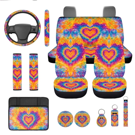 Jeiento Tie Dye Car Seat Accessories Set 13 Pcs, Car Seat Covers Full Set, Universal Steering Wheel Covers, Console Cover, Love Heart Seat Belt Shoulder Pads, Cup Coasters, Auto Decor