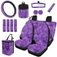 thumbnail image 1 of Jeiento Tie Dye Car Seat Covers Set 15 Pack Car Seat Accessories Steering Wheel Cover Seat Belt Pads Trash Bin Car Air Vent Pouch Rear View Mirror Protector Coasters Purple Key Chain for SUV Van, 1 of 7
