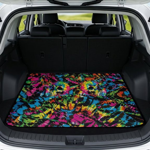 Jeiento Tie Dye Rainbow Skull Car Trunk Mat for Dog Non-Shedding Vehicle Trunk Liner Scratch Proof All Season Cargo Floor Mat for Truck Van