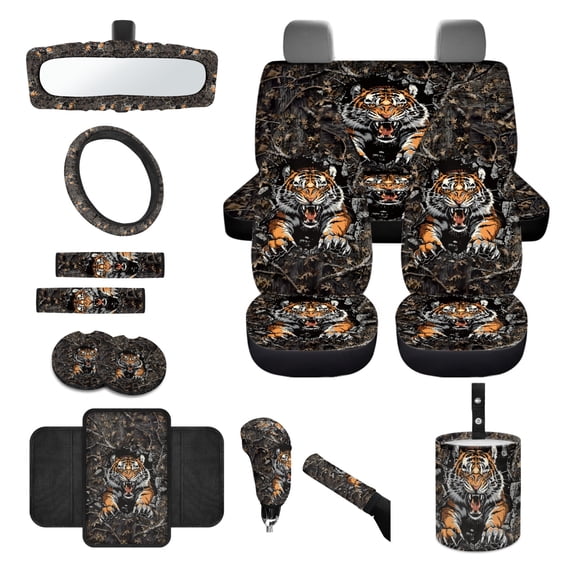 Jeiento Tiger 14 PCS Car Seat Covers Set with Steering Wheel Cover Seat Belt Pads Garbage Bag Armrest Seat Box Cover Camo Hunting Handbrake Cover Set Rear View Mirror Protector Coasters