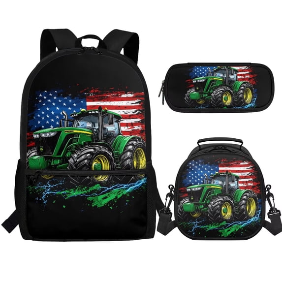 Jeiento Tractor Backpack for Boys American Flag Bookbag with Lunchbox School Bag Set 6th Grade Elementary Kids Book Bags 3 Pcs Travel Rucksack