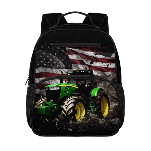 Jeiento Tractor Preschool Backpack for Toddler Girls, American Flag 13.5 Inch Kids School Bag, Lightweight Bookbag with 2 Mesh Side Pockets for Kindergarten