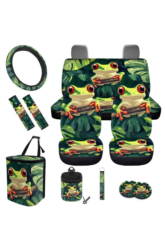Tree Frog 12 PCS Car Seat Cover Full Set, with Steering Wheel Cover Seat Belt Strap Cover Trash Cans Cup Coaster Keychain Air Vent Storage Bag Car Decor Universal Fit, Green