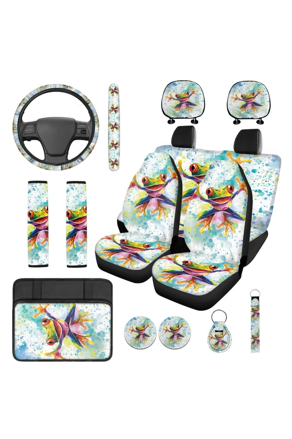 Tree Frog 14 Piece Car Seat Cover Set Steering Wheel Cover Seatbelt Strap Pad Armrest Pad Cup Coasters Headrest Covers Key Chain