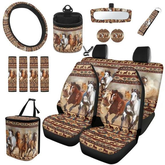 Jeiento Tribal Aztec Horse Seat Covers for Cars Universal Fit Trucks,SUV with Seatbelt Pads Steering Wheel Cover Trash Can Rearview Mirror Cover Keychains Cup Holder Air Vent Storage Bag