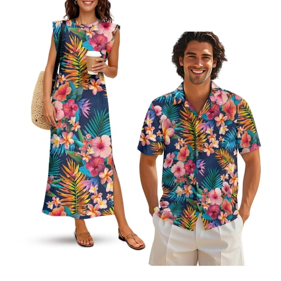 Jeiento Tropical Floral Matching Outfits for Couples Mens Shirts Casual Dresses for Women Maxi Dresses Husband Wife Matching Outfits Mens Button Up Beach Shirt
