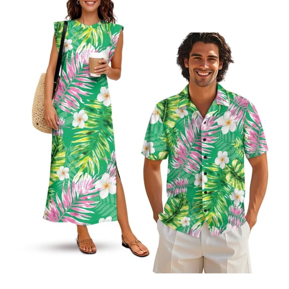 Jeiento Tropical Floral Matching Vacation Outfits for Couples Men's Button Down Shirt Summer Beach Shirts Womens Short Sleeve Elegant Dress with Pockets Husband and Wife Clothing, Green