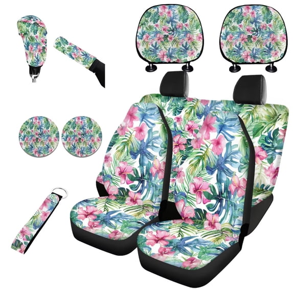 Jeiento Tropical Flower Car Seat Covers Set for Front Rear Seats, with Keychain Headrest Cover Coasters Handbrake Cover Gear Shift Cover Universal Fit for SUV Truck Van, Pack of 11