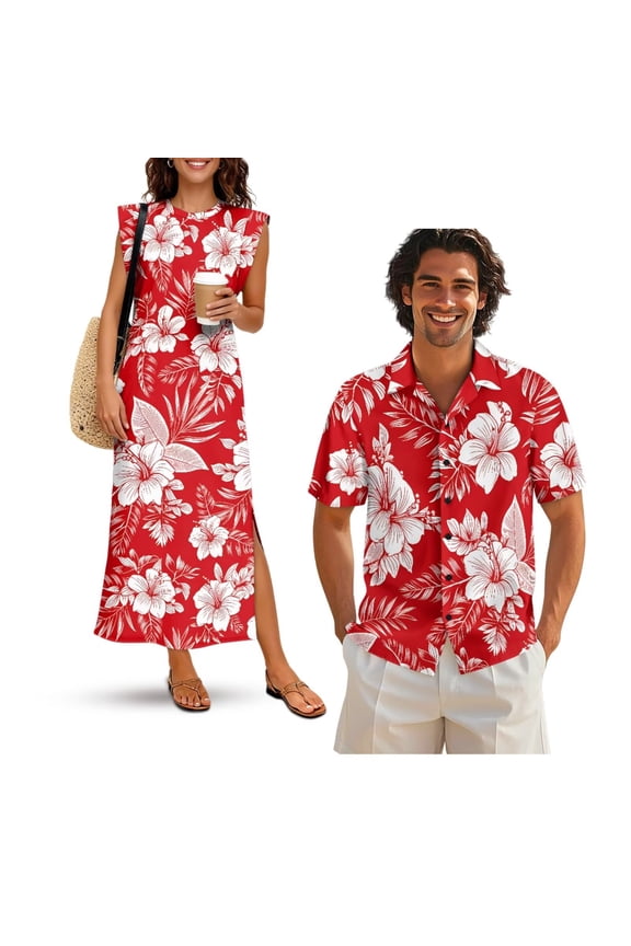Tropical Flower Couples Matching Outfits Breathable Button Down Hawaiian Shirt Red Summer Beach Flowy Dress