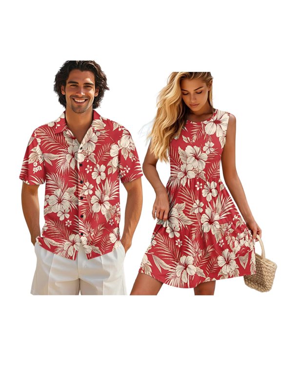 Tropical Flower Matching Vacation Outfits for Couples Summer Dress for Women Casual Button Down Shirt Short Sleeve Hawaiian Couples Matching Outfits Tiered Pleated Tank Sundress